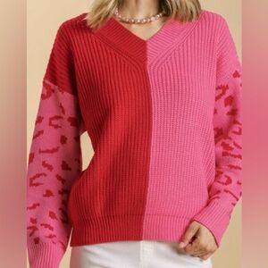 Red/Hot Pink Color Block Animal Print Sweater V-Neck Size M Valentine’s Day